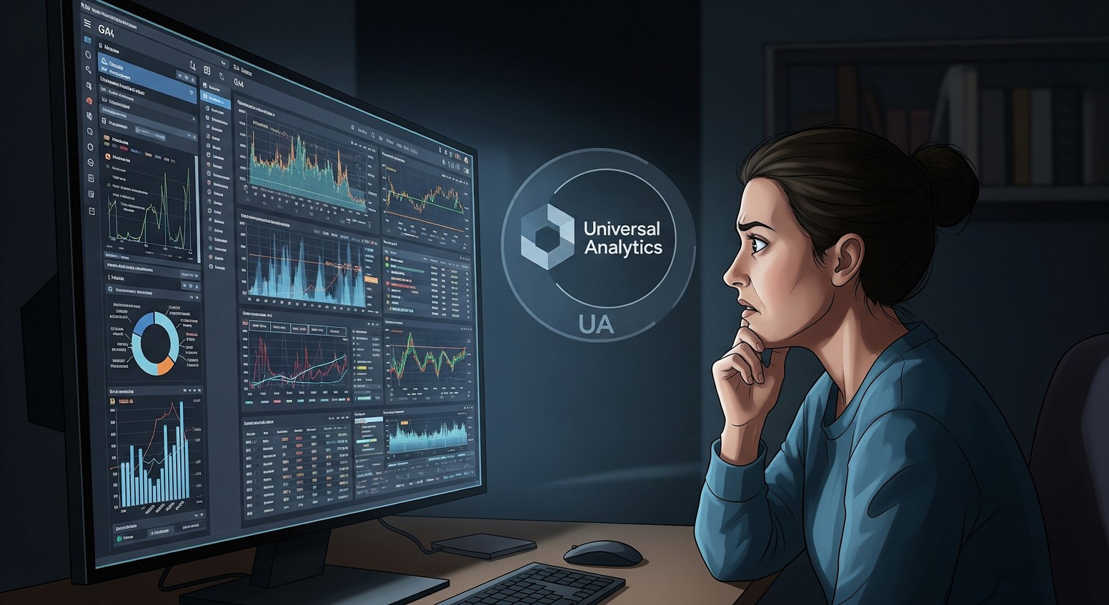 Universal Analytics の画面を見つめる人物